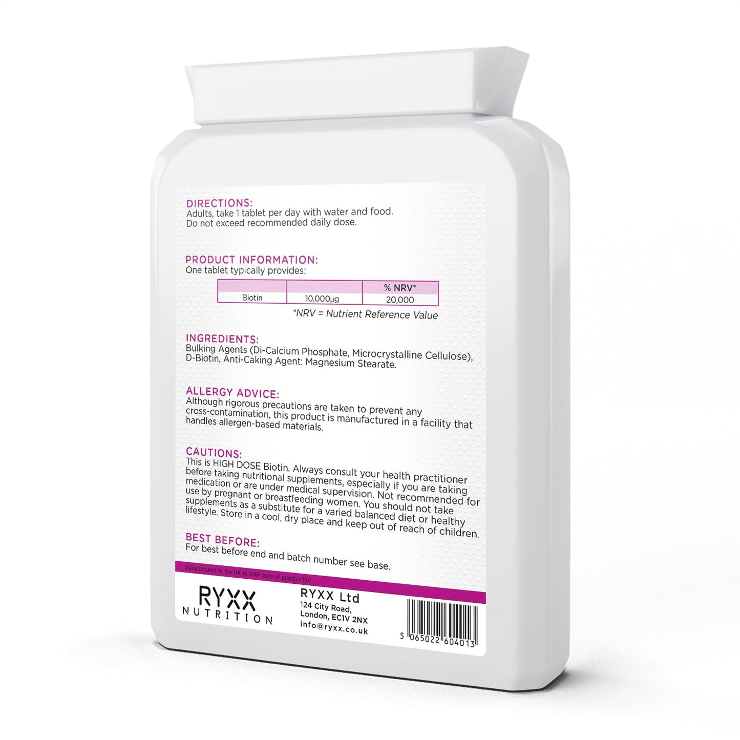 Biotin Complex | Biotin Hair Growth Supplement 10,000μg | High Strength Hair Skin and Nails Vitamins for Women & Men | 120 Vegan Tablets | Made in The UK by RYXX