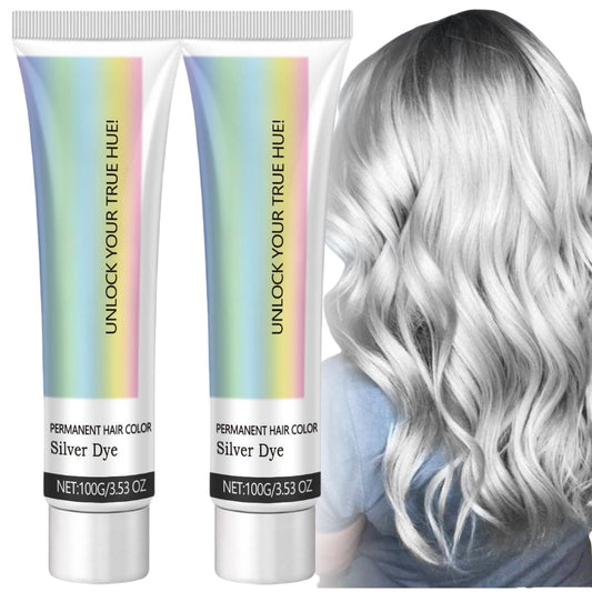 Siyinzu 2PCS Natural Essence Silver Hair Dye,Silver Metallic Hair Dye,Hair Color Dye Permanent,Permanent Hair Color Dye,Easy Color Grey H-air D-ye,Low-Irritation Grey Ha-ir D-ye for All Hair Types