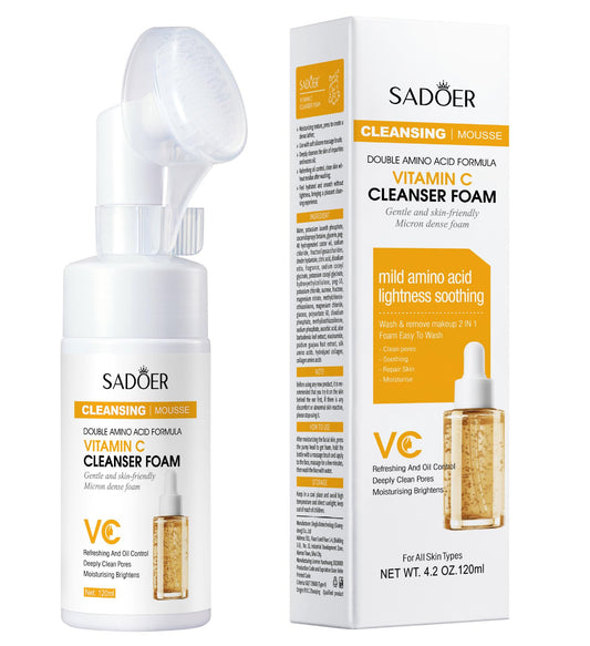 Vitamin C Foaming Face Cleanser with Brush, Foaming Cleanser for skin tone, Reduces fine lines & wrinkles, Exfoliates the skin