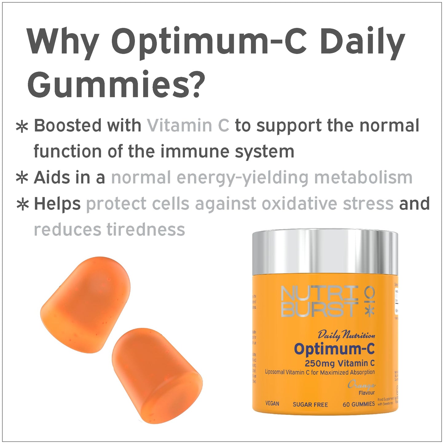 Nutriburst Optimum C Multipack - Liposomal Vitamin C (250mg) - Energy & Immune System Support - Orange Flavour - 3 x 60 Gummies / 3 Month Supply - Suitable for Vegans