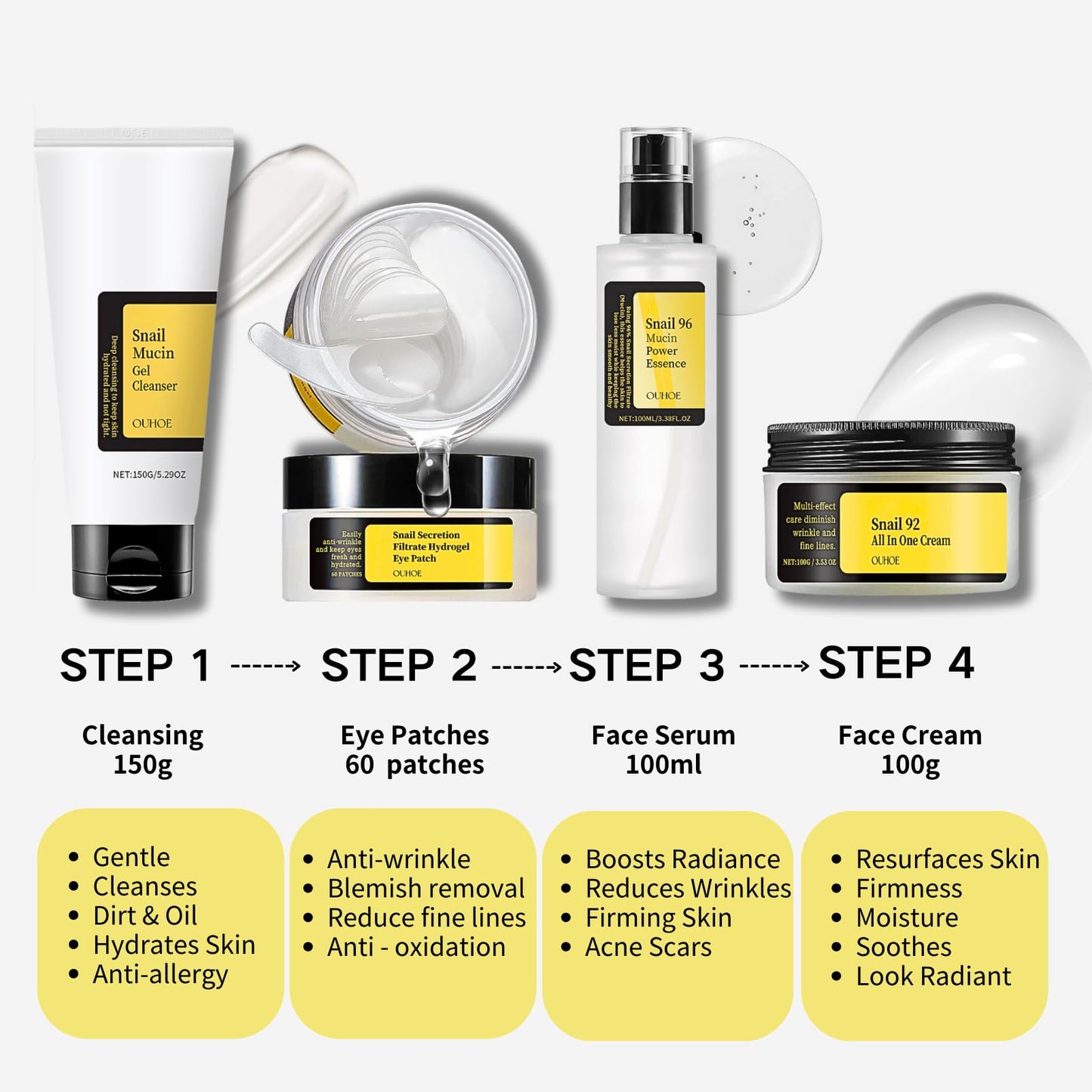 Snail Mucin Skin Care Set For Women, 4 PCS Snail Skin Care Sets & Kits For Girls, Facial Kit with With Face Cleanser, Serum, Face Cream, Eye Patches, Basic Skin Moisturiser Improve Dull Skin Wrinkle