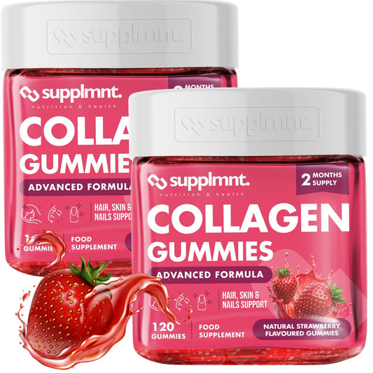 supplmnt. Marine Collagen Gummies - Strawberry Flavour - Hydrolysed Collagen Peptides with Biotin, Hyaluronic Acid & Vitamin C, Collagen Supplements for Women and Men - 120 Gummies for Skin, Dual Pack