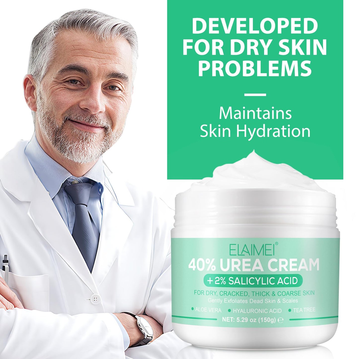 Generic 40% Urea Cream Plus 2% Salicylic Acid - Hyaluronic Acid,Tea Tree,and Aloe Vera Foot Cream Deep Moisturizes Urea Cream for Foot and Hand Maximum Strength - Callus Remover for Cracked Feet, Heels