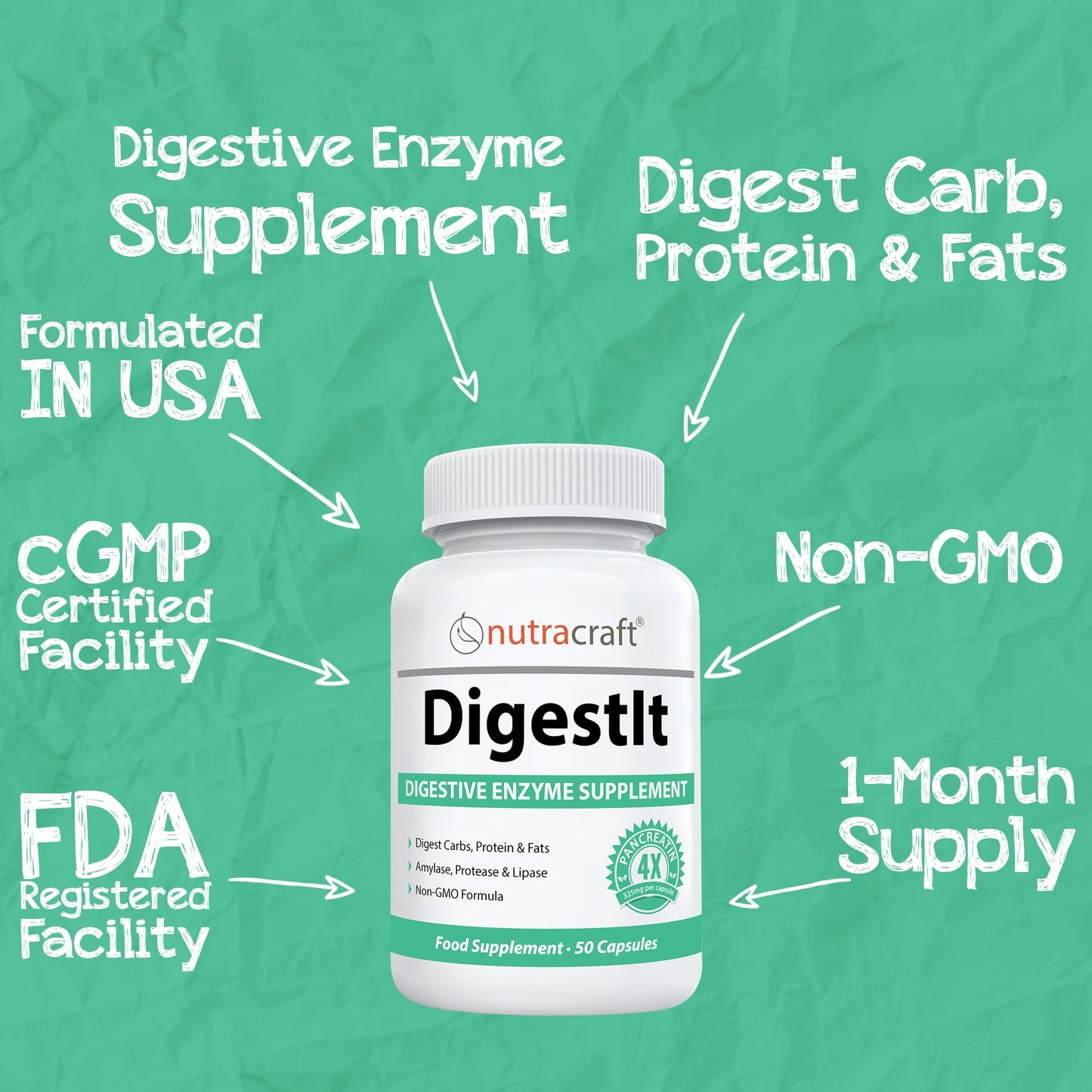 DigestIt Digestive Enzymes | Multi-Enzyme Formula with Amylase, Protease & Lipase | Increase Energy & Reduce Gas, Bloating & Indigestion | Non-GMO | 50 Capsules