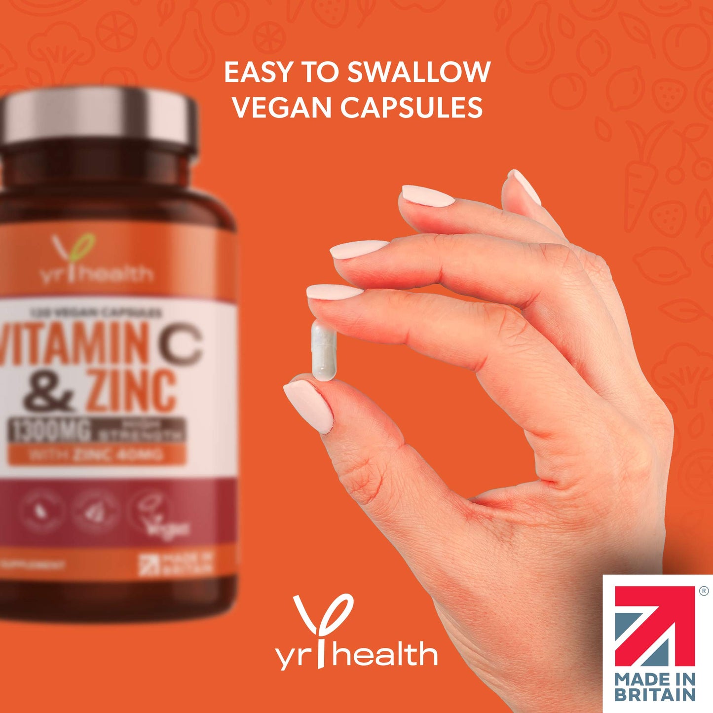 Vitamin C 1300mg and Zinc 40mg High Strength - VIT C and Zinc for Maintenance of Normal Immune System - 120 Vegan Capsules not Tablets - 2 per Daily Serving - Made in The UK by YrHealth