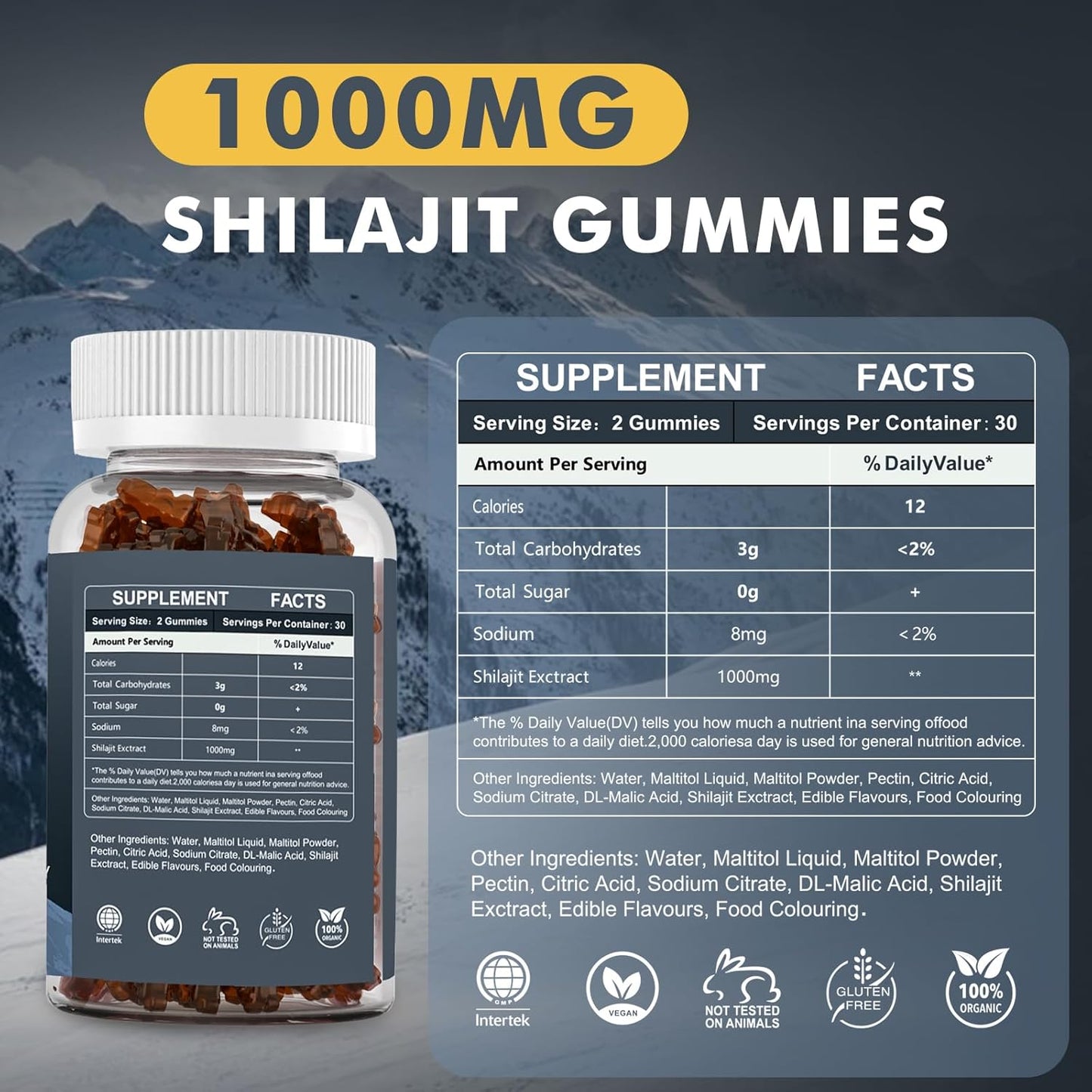 Shilajit Gummies 1000mg, Pure Himalayan Shilajit Gummies, Mixed Berry, 60 Gummies