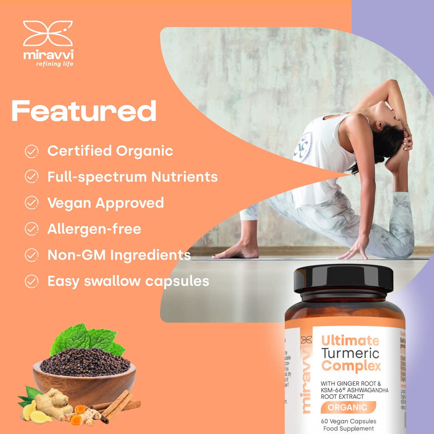 Miravvi Organic Turmeric Complex with KSM-66 Ashwagandha, Organic Ginger Root and Black Pepper | Organic Supplement | Ayurveda Formula | Vegan Complex | High Strength | Made in The UK |60 Days Supply