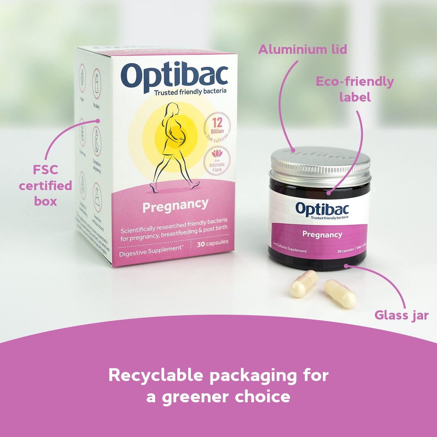 Optibac Probiotics Pregnancy - 12 Billion CFU & FOS Fibres, Vegan Probiotic Supplement for Pregnant & Breastfeeding Women, 30 Capsules