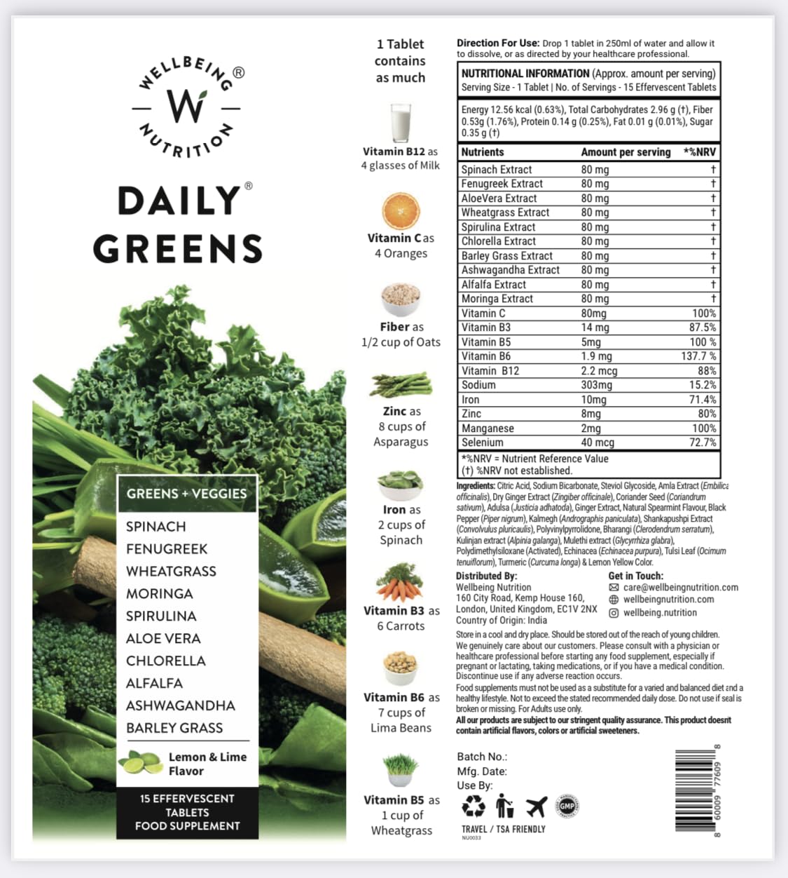 Wellbeing Nutrition Daily Greens | Wholefood Multivitamins with Vitamin C, Zinc, B6 for Immunity & Detox with Organic Certified Plant Superfoods & Antioxidants (2x15 Effervescent Tablets)
