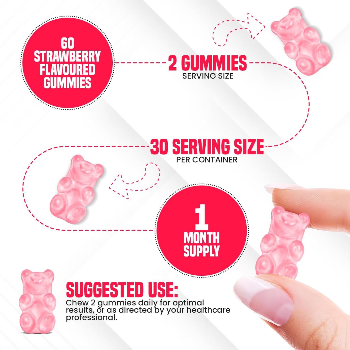 Biotin, Collagen and Keratin Gummies, Vitamins A, B6, B12, C, D, E | Supports Healthier Hair, Skin, Nails - 60 Vegan Strawberry Flavoured Gummies