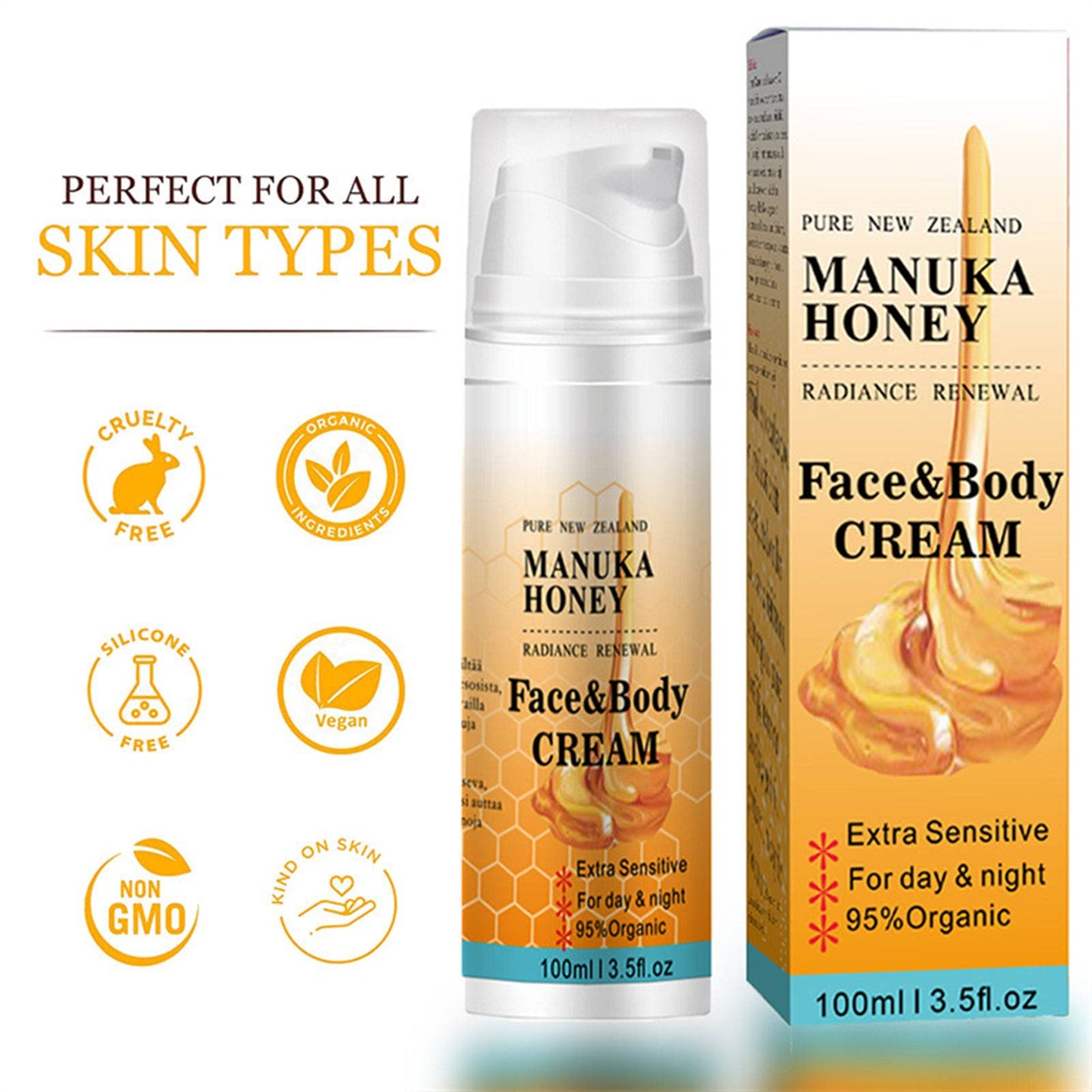 QIEEUMIN Manuka Honey Face Cream Moisturising Soothing Skin Rejuvenation Brilliant Skin Anti-Wrinkle Anti-Aging 2 In 1 Honey Face & Body Cream Moisturiser 100ml