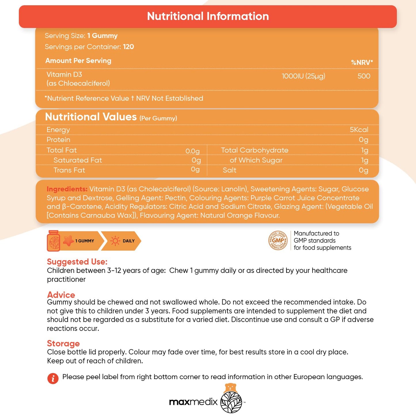 Vitamin D Gummies Kids 1000IU - Natural Orange Flavour Gummies - 4 Months Supply (120 Vitamin D3 Gummies) - One A Day - for Kids 3-12 Years - Vegetarian, Non-GMO & Gluten-Free Vitamin D for Kids