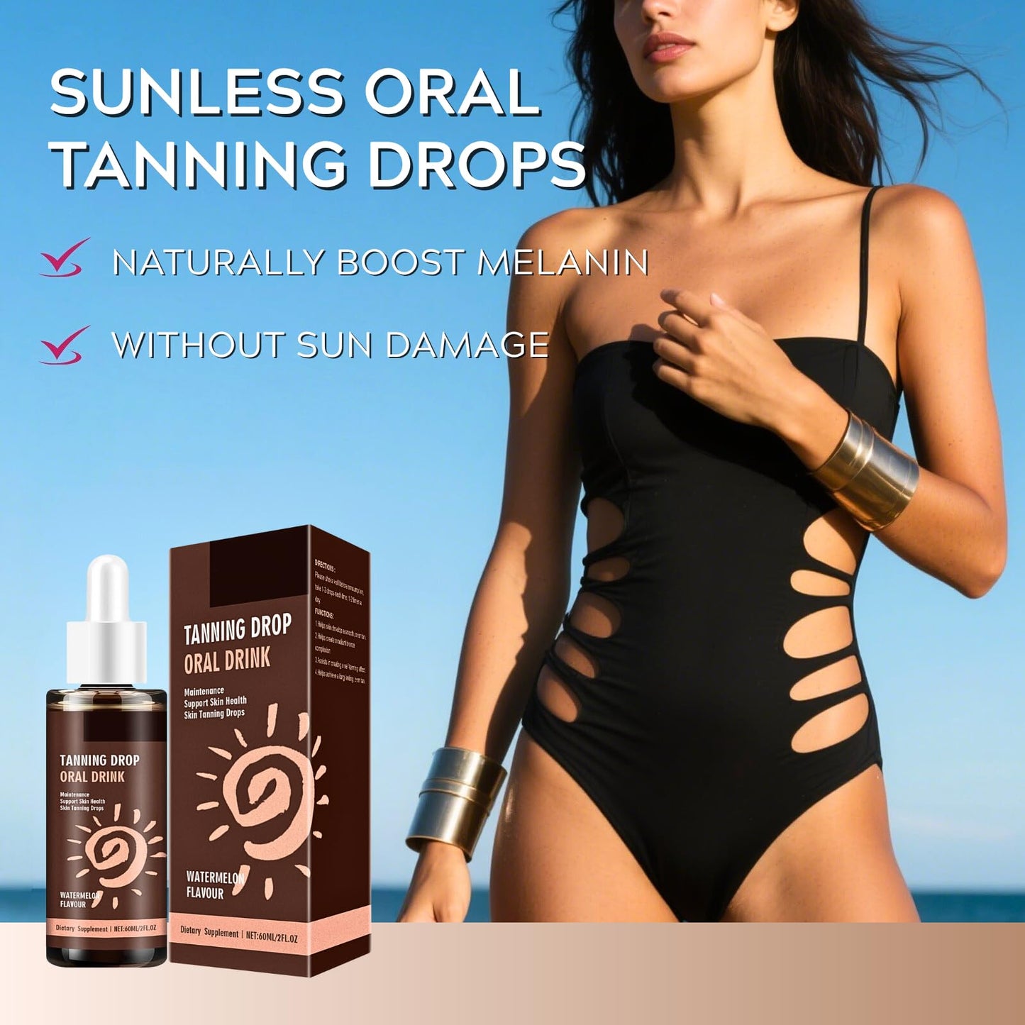 TBeautfave Sunless Tanning Drops to Drink, Oral Tanning Drops Drink, Drinkable TanningDrops, Gradual Bronzing Tan Drop, without Sun Exposure, Easy to Blend, Improve Skin Moisture & Elasticity, 60ML