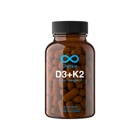 Charava Vitamin D3 + K2 Capsules (Vegan) - Vitamin D3 4000IU & 100μg Vitamin K2 (MK 7) - 60 Vegetarian Capsules - High Strength D3 and K2 Vitamin Tablets for Bones, Muscle Function & Immune System