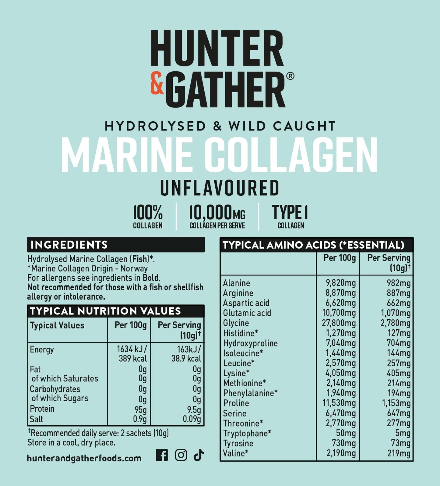 Hunter & Gather Marine Collagen Powder 30 x 5g Sachets | Pure Unflavoured Hydrolysed Wild Caught Marine Collagen Peptides Powder for Hair Skin Nails Muscles | Collagen Supplements for Women and Men