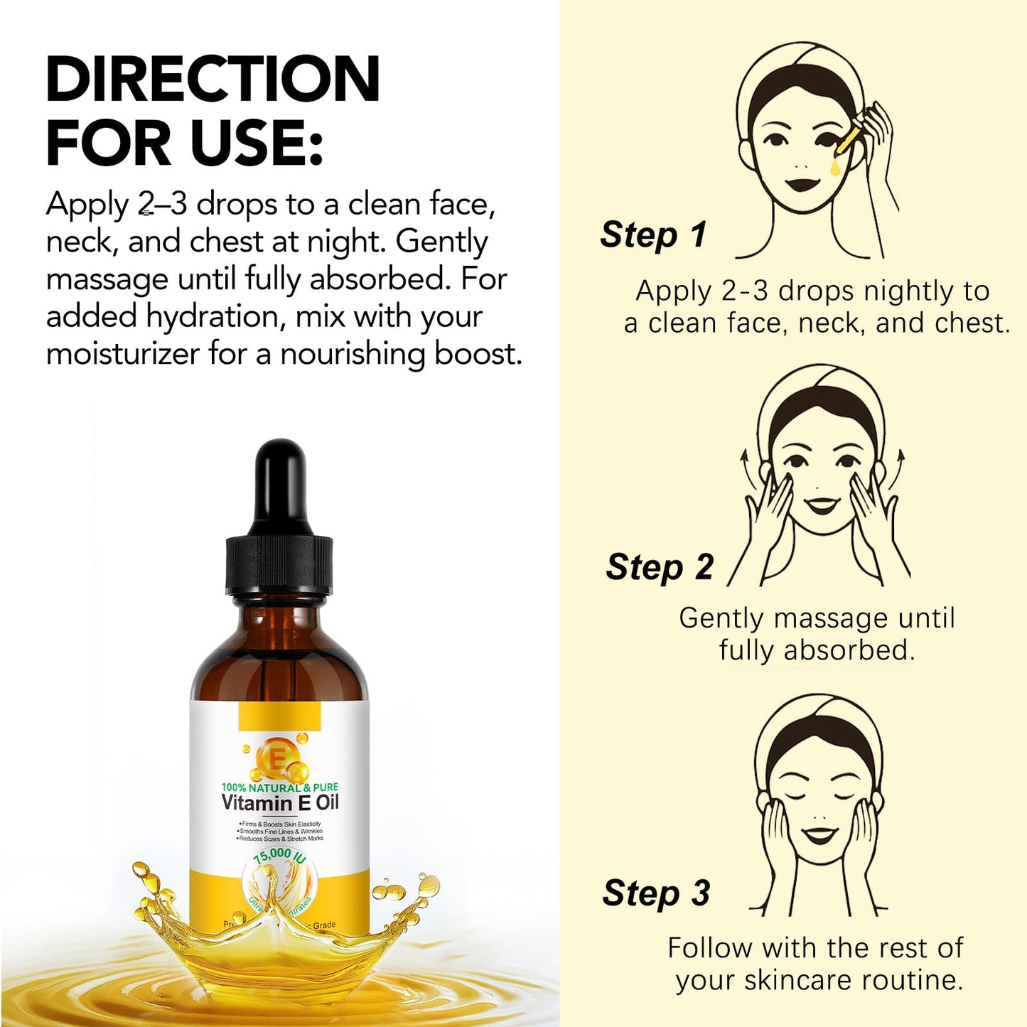 Generic Vitamin E Oil for Skin 75,000 IU, 2Fl Oz Pure Vitamin e Oil for Scars, Hair, Face and Scalp, Moisturizing Dry Skin, Reduces Winkles and Fine Lines, Perfect Bath and Body Oils