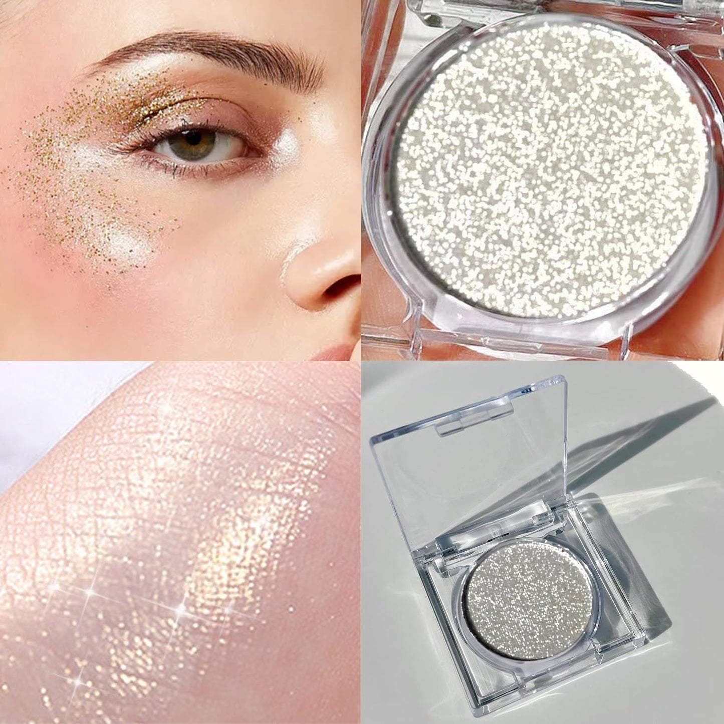 GEEWHILE Glitter White Eyeshadow, Shimmer White Single Eye Make-Up Fine Powder Palette Eyeshadow, High Pigment Long-lasting Sweatproof Single Eye Shadow for Make Up Performance