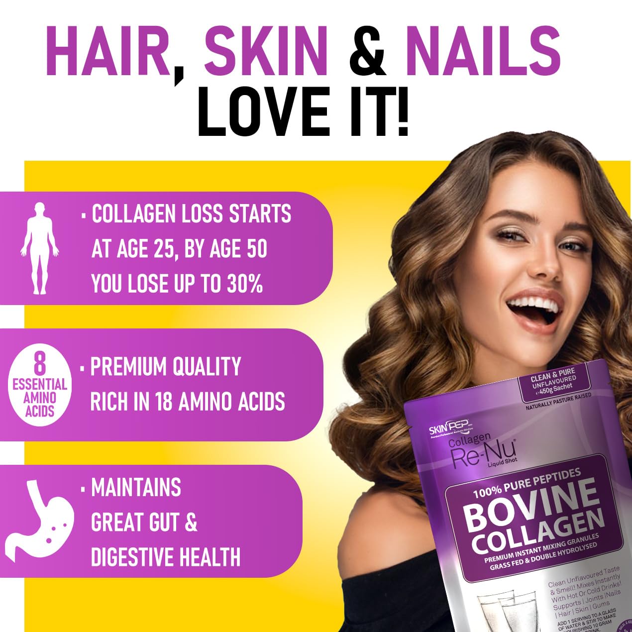 Skin Pep Collagen Powder 450g, Ultra Premium Hydrolysed Bovine Collagen Peptides by SkinPep - Halal & Kosher - High Levels of The 8 Essential Amino Acids, Collagen Supplements, Made in UK