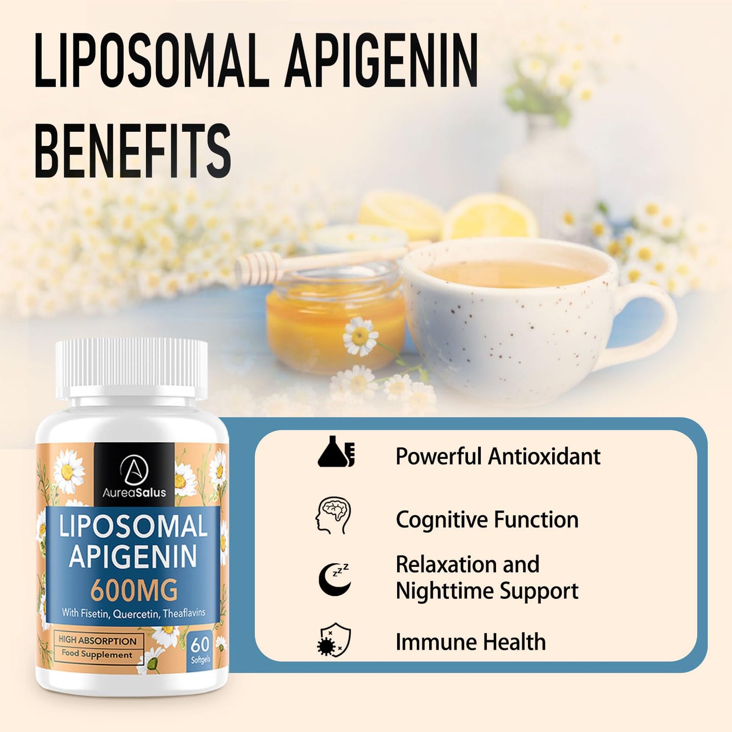 AureaSalus Liposomal Apigenin 600mg, Extra Strength Apigenin Supplement with Fisetin, Quercetin and Theaflavins for Sleep, Relaxation & Mood, Powerful Flavonoid & Antioxidants (60 Count (Pack of 4))
