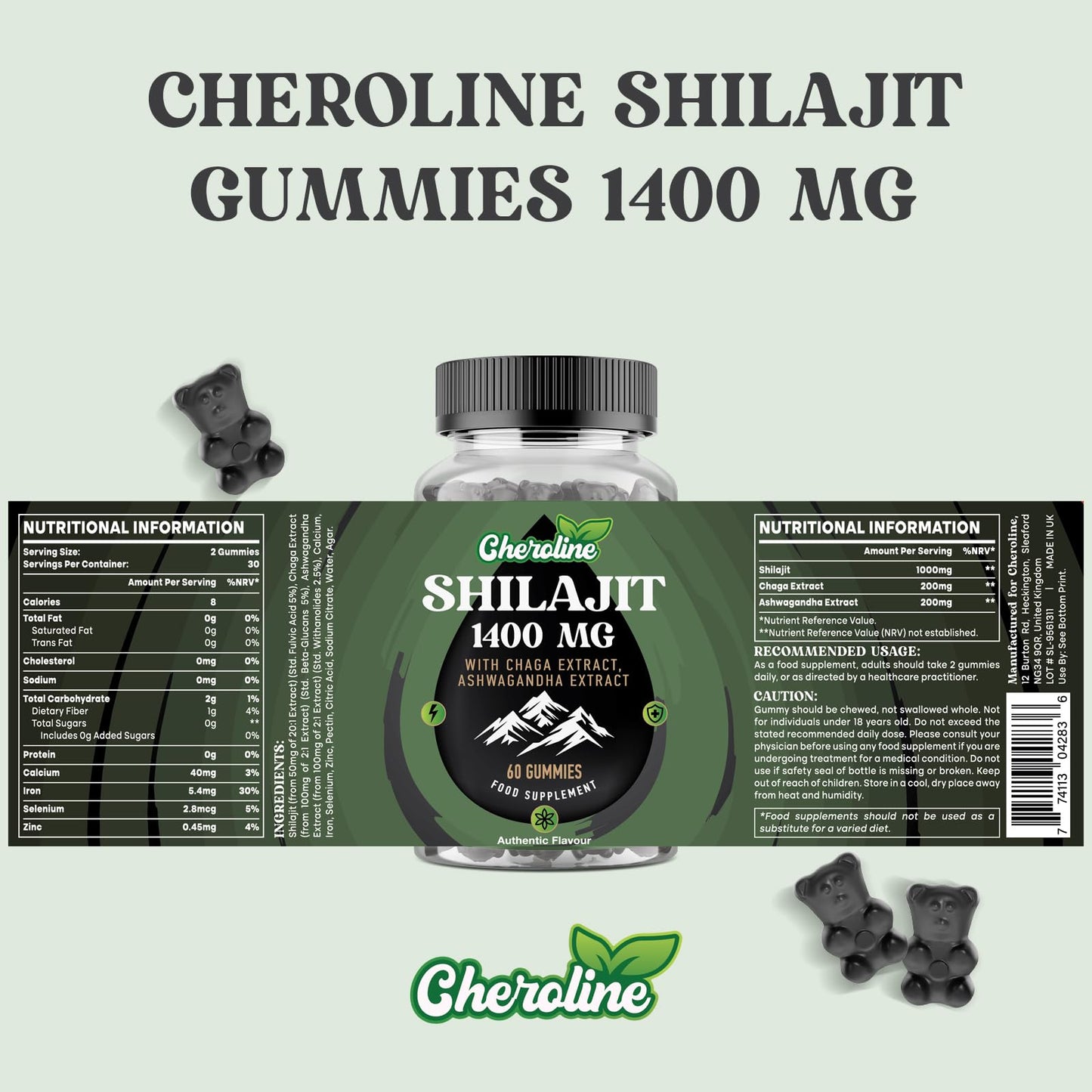 Cheroline Shilajit Gummies 1400mg, Pure Himalayan Shilajit with Chaga and Ashwagandha, 85+ Trace Minerals, Rich in Fulvic Acid, for Energy & Immune, Authentic Flavor, Sugar-Free, Vegan (60 Count (Pack of 1))