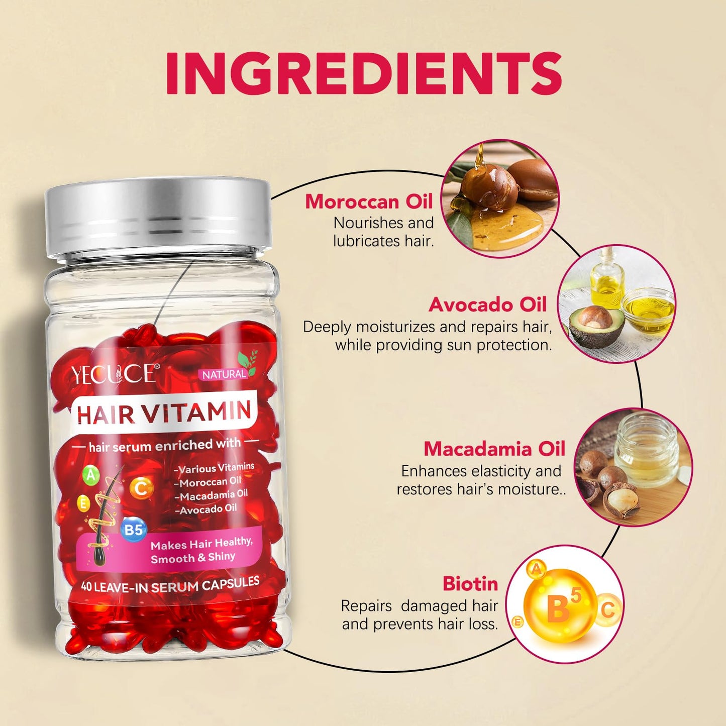 Generic Hair Care Essence Capsules 40Pcs, Hair Treatment Serum, Rich In Vitamins A.C.E And B5, Moroccan Oil & Macadamia Oil & Avocado Oil & Repair Damaged Hair, Increases Hair Resilience And Shine