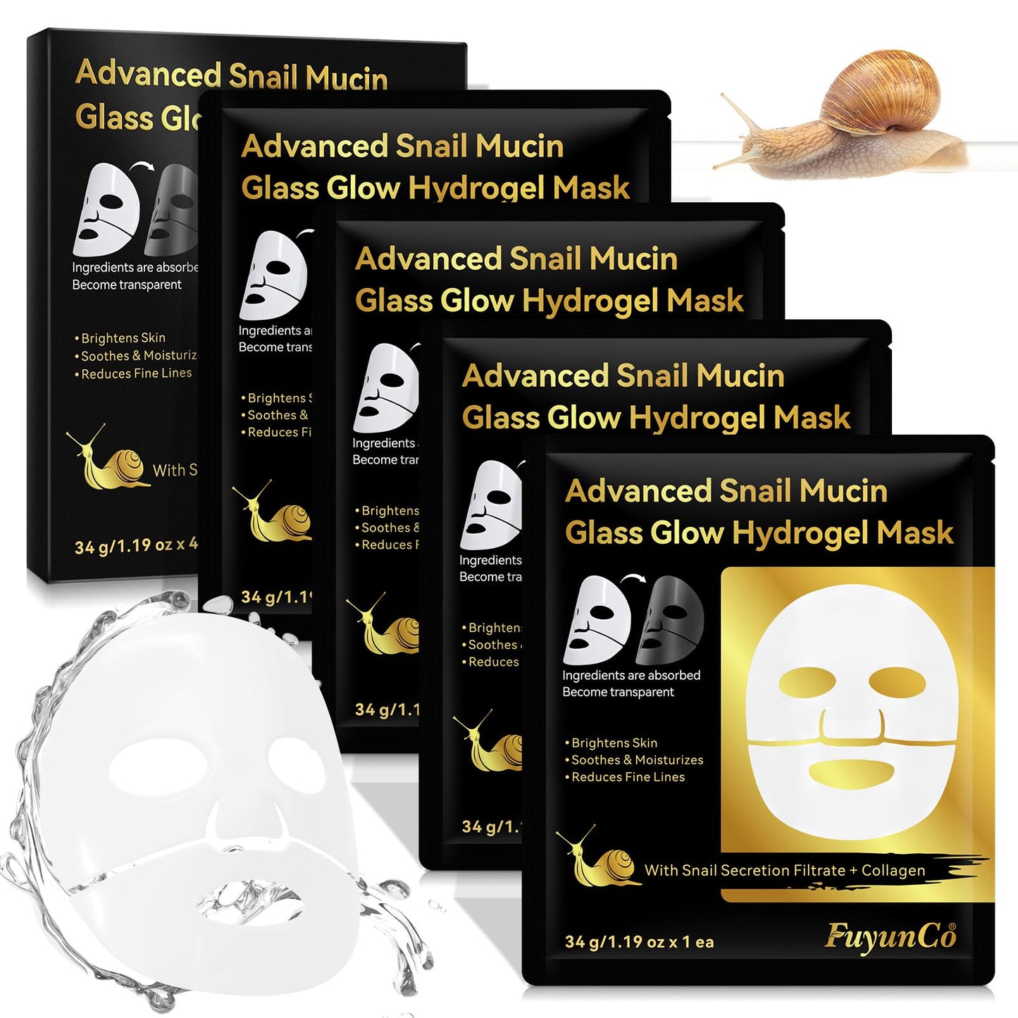 Buyourtaste Advanced Snail Mucin Glass Glow Hydrogel Face Masks, 4Pcs Collagen Face Mask, Snail Mucin Serum Mask, Snail Mucin Face Mask, Hydrating, Soothing & Firming, Brighten Skin, Reduce Fine Lines