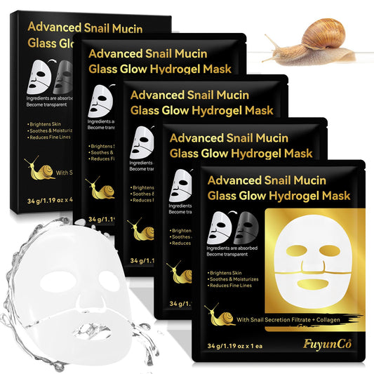 Buyourtaste Advanced Snail Mucin Glass Glow Hydrogel Face Masks, 4Pcs Collagen Face Mask, Snail Mucin Serum Mask, Snail Mucin Face Mask, Hydrating, Soothing & Firming, Brighten Skin, Reduce Fine Lines
