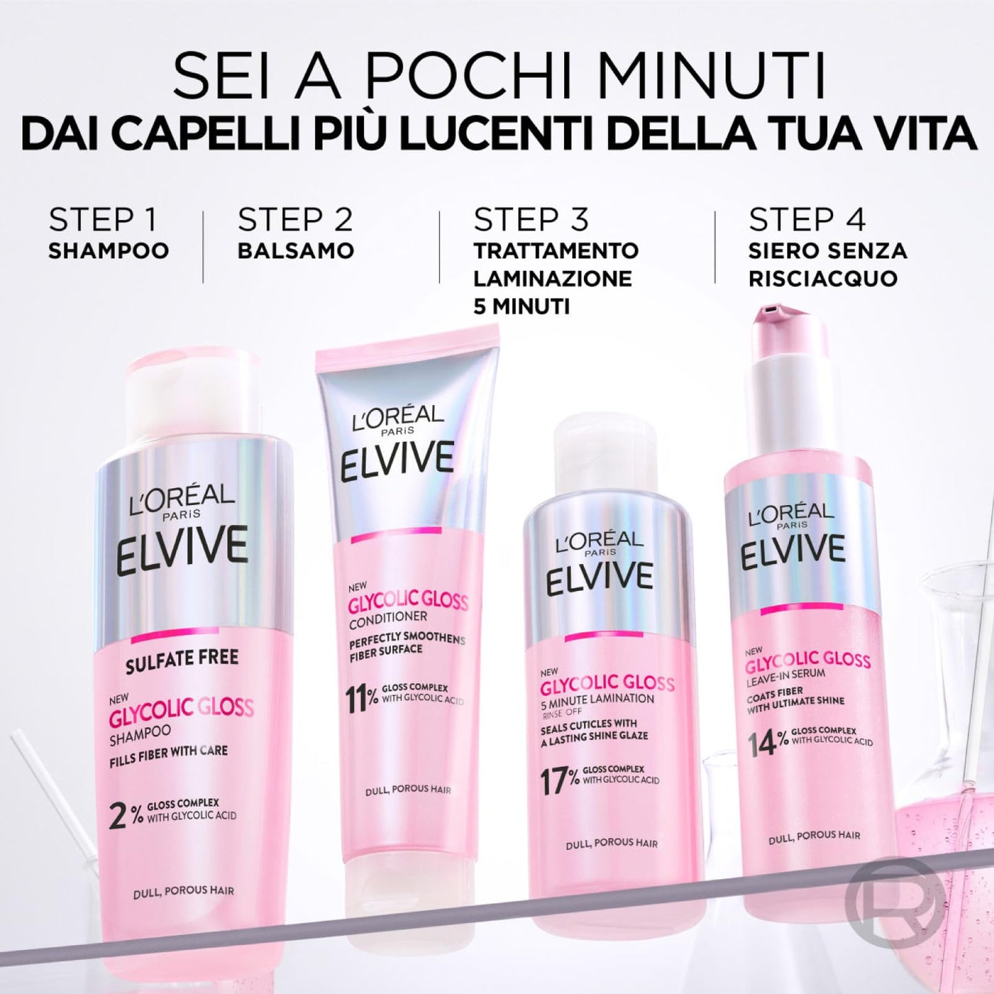L'Oréal Paris Elvive Glycolic Gloss Glycolic Acid Hair Set with Leave-In Serum for Porous and Dull Hair Intense and Long-Lasting Shine 150ml + 5-Minute Lamination Treatment 200ml - 2 Bottles