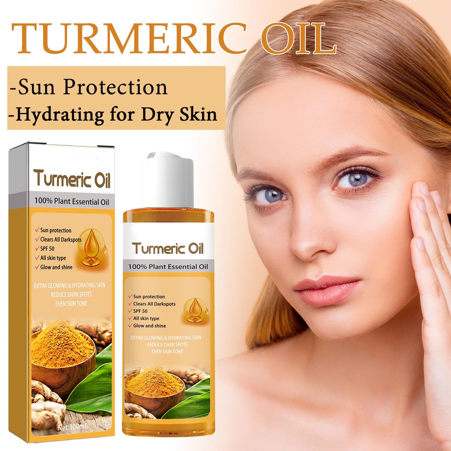 DMQ Turmeric Essential Oil,2PCS Turmeric Serum Dark Spot Removal Serum,Turmeric Skin Oil for Dry Skin,Turmeric Anti Aging Face Serum for Women,Turmeric Oil and Serum,Skin Moisturiser for Body&Face-100ml*2