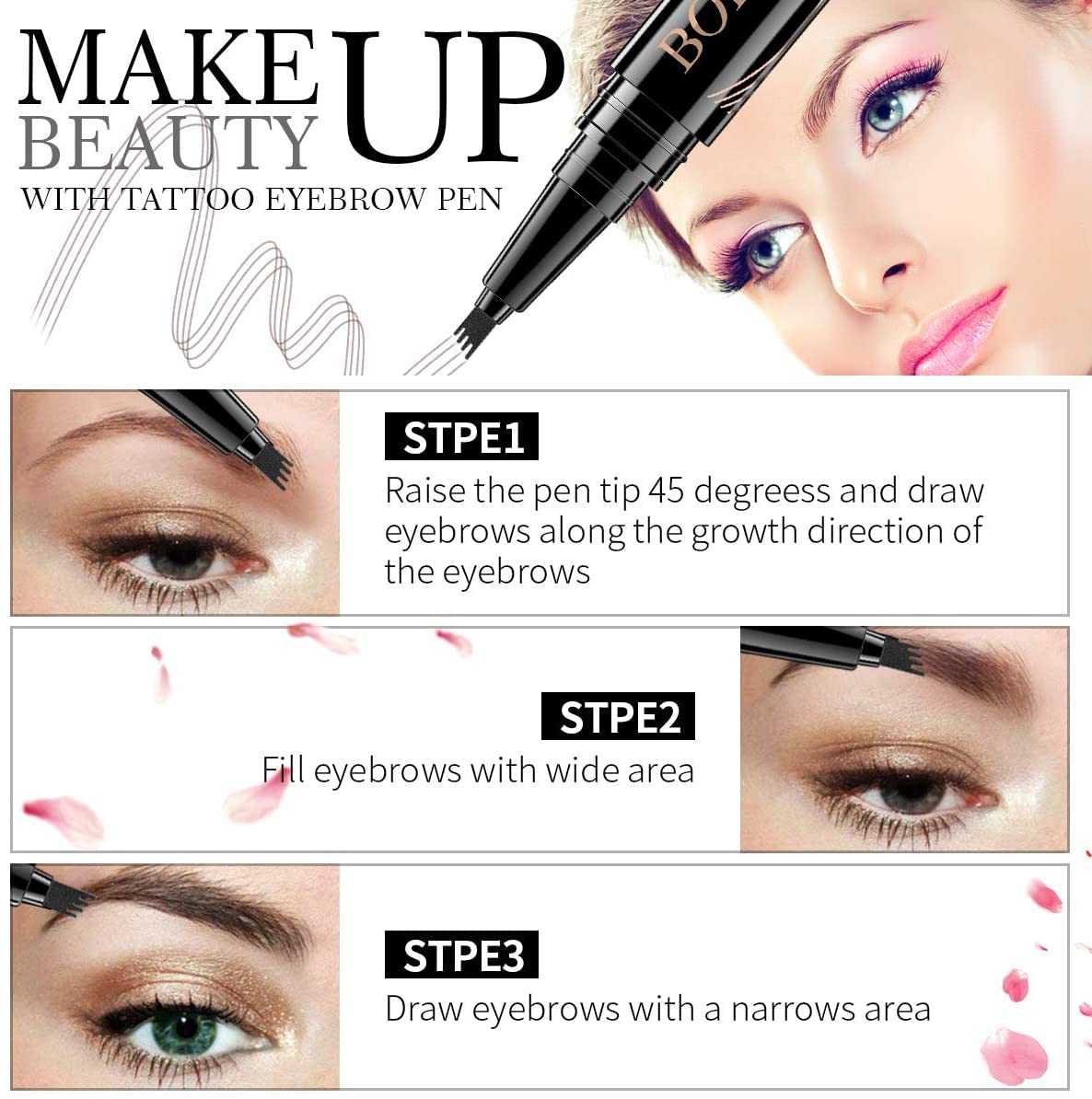 Rose Roll Eyebrow Pencil - Eyebrow Pen with Fork Tip Long-lasting Waterproof Eyebrow Pen and Smudgeproof Brow Pen for Naturally Defined Eyebrows(Dark Brown)