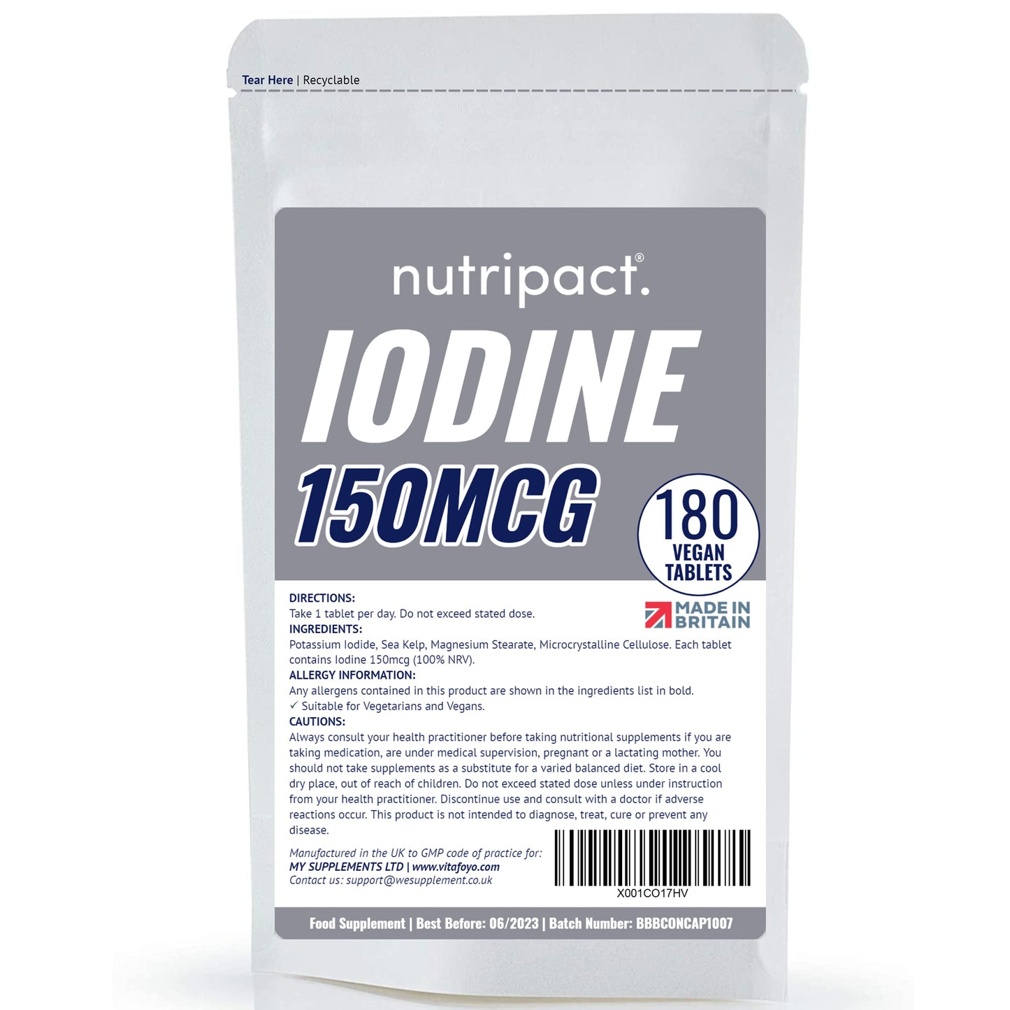 nutripact Iodine Supplement 150mcg Tablets - 180 Vegan Tablets - 6 Month Supply - Source of Iodine from Potassium Iodide - Suitable for Vegans - UK Made