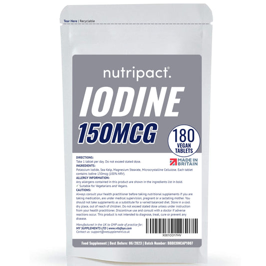 nutripact Iodine Supplement 150mcg Tablets - 180 Vegan Tablets - 6 Month Supply - Source of Iodine from Potassium Iodide - Suitable for Vegans - UK Made
