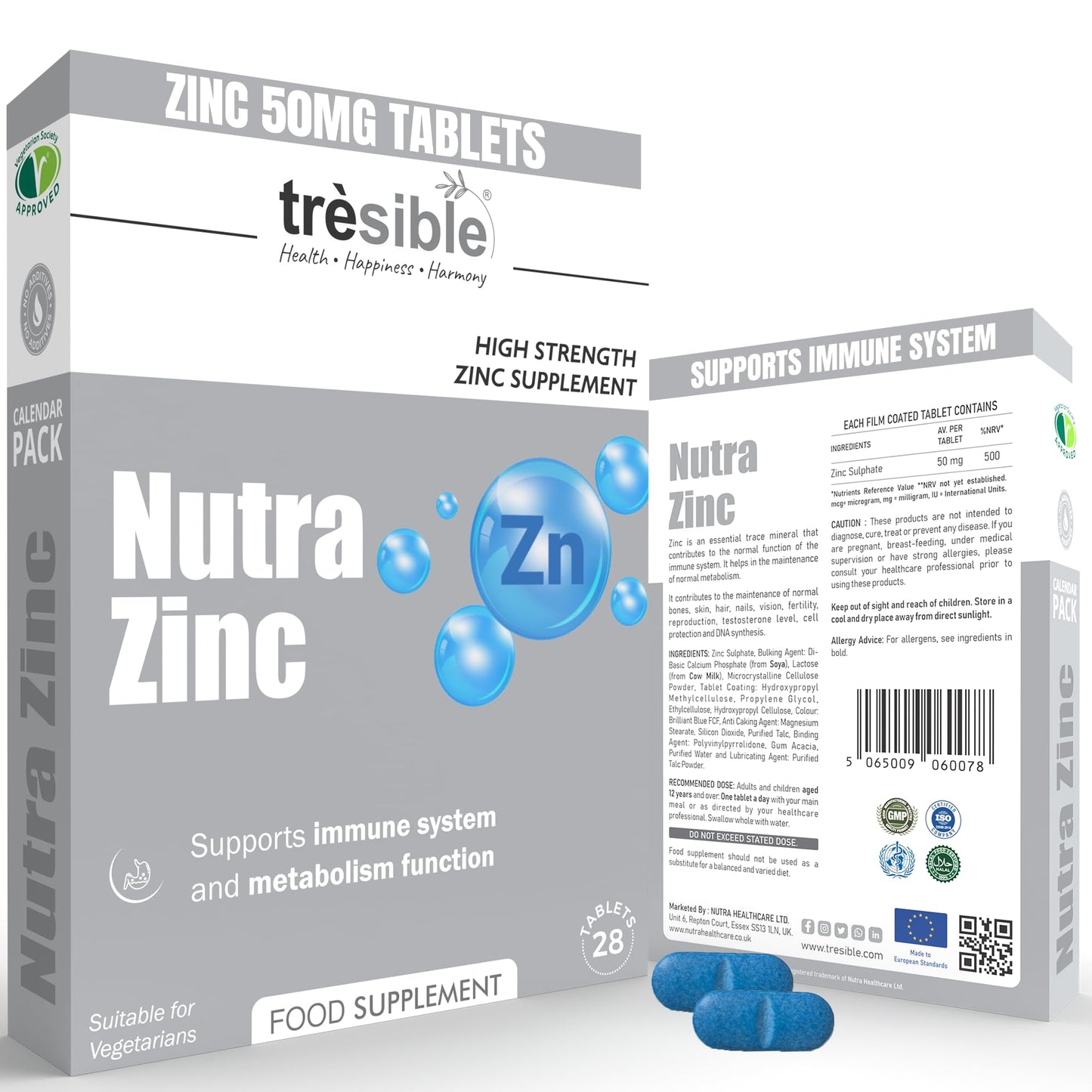 Tresible Zinc Tablets (4 Weeks Supply) - Kids Zinc 50mg for Skin Hairs Nails Bones and Metabolism - Immune Support High Strength Zinc Supplements for Men & Women - Zinc Tablet for Adults