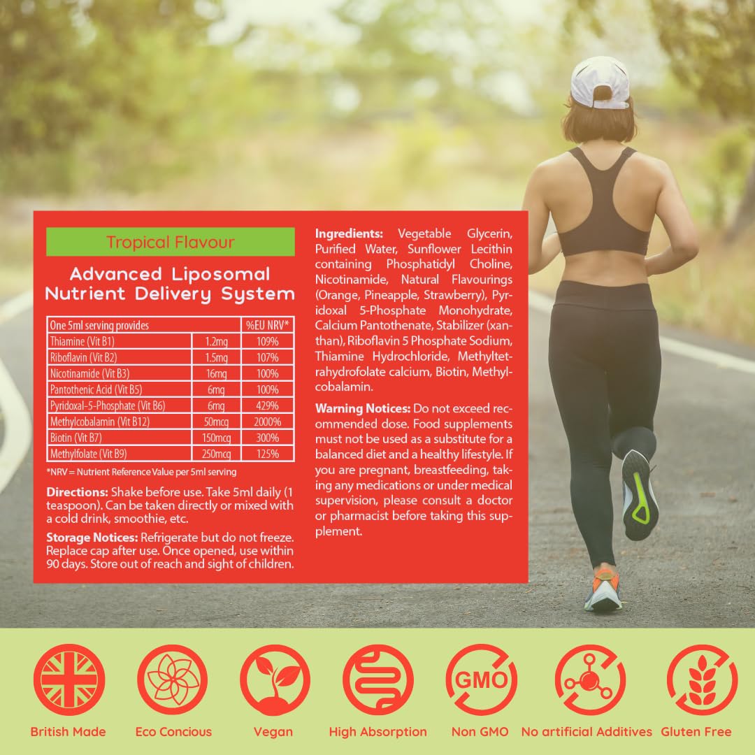 WELL ACTUALLY Liposomal Vitamin B Complex High Strength and Bioavailability - 8 Essential B Vitamins Complex for Energy, Brain, Metabolism Support - Tropical Flavour (50 Servings)