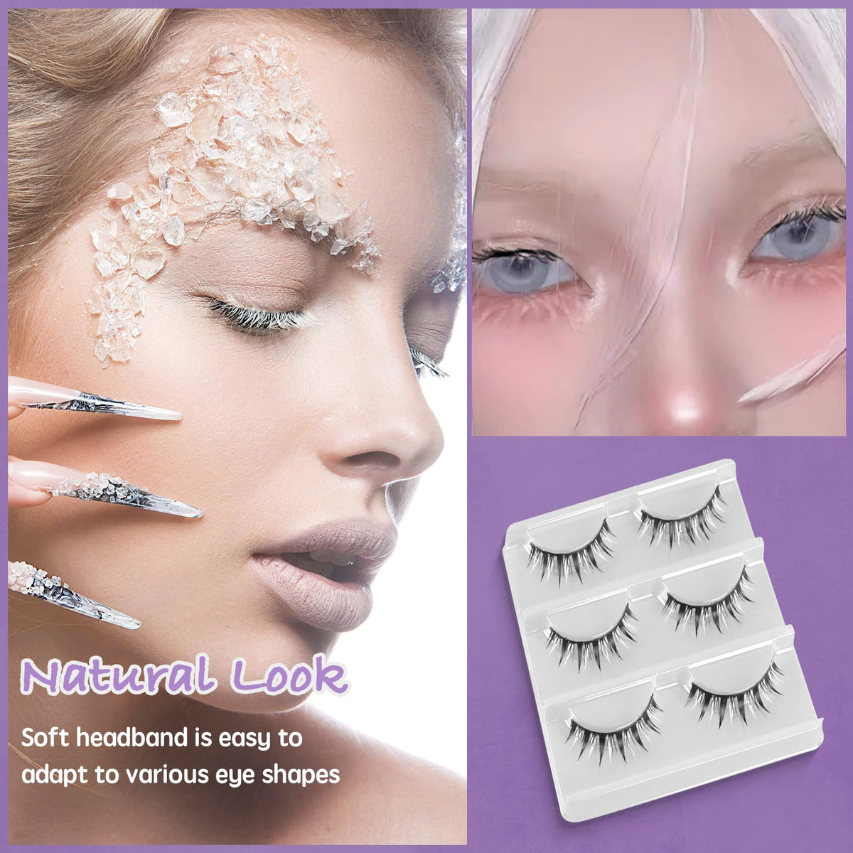 Klfoho Manga Lashes Natural Wet Look Wispy Spiky Lashes Anime Eyelashes Wispy Natural Lashes Extension Strip Japanese Style Fake Eye Lashes Handmade (Black White 3 Pairs)