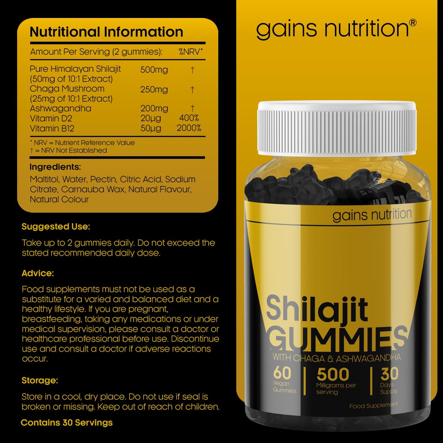 Gains Nutrition Shilajit Gummies High Strength with Chaga and Ashwagandha, Himalayan Shilajit for Energy, Immunity & Focus, Sugar-Free