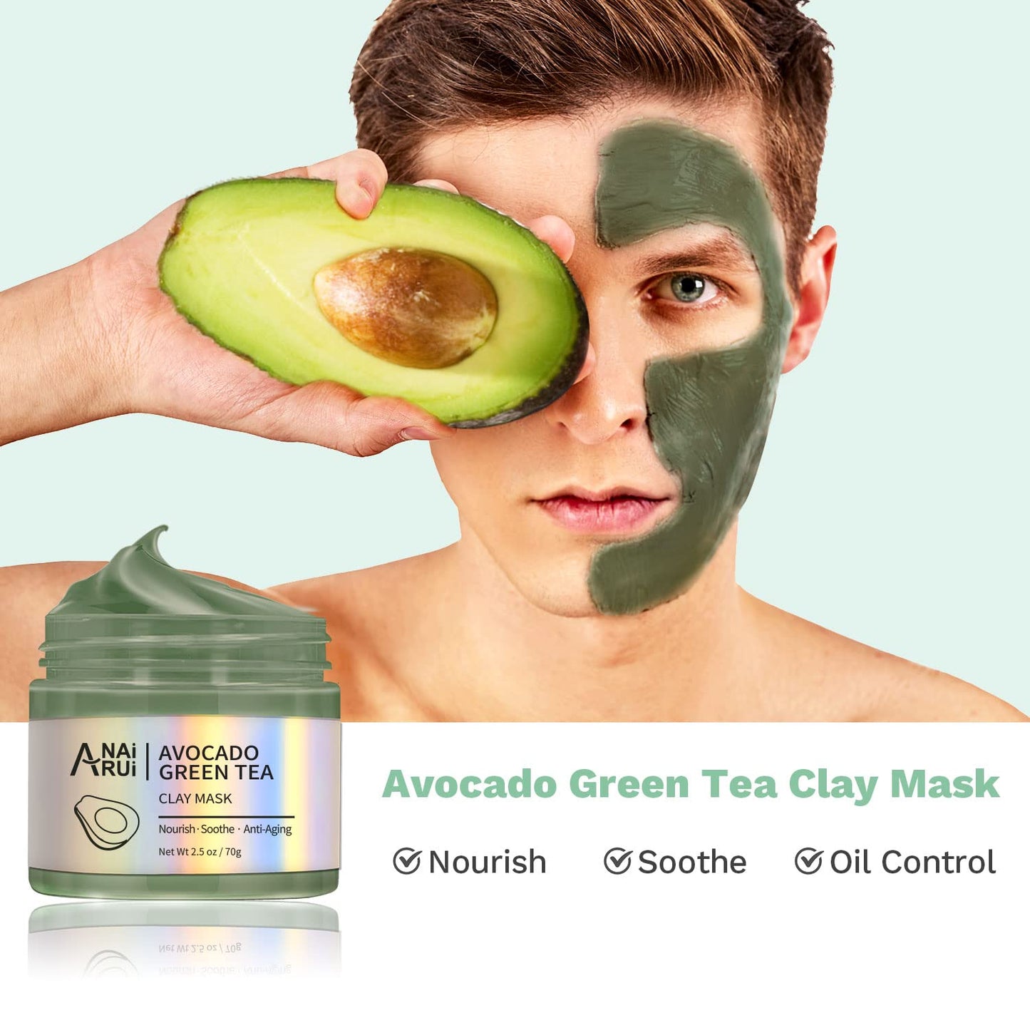 ANAiRUi Clay Mask Set for Skin Care - included Turmeric Vitamin C + Rose + Avocado Green Tea Face Mask - Deep Cleansing, Hydrating, and Nourishing - Reduces Acne and Pores, 210g