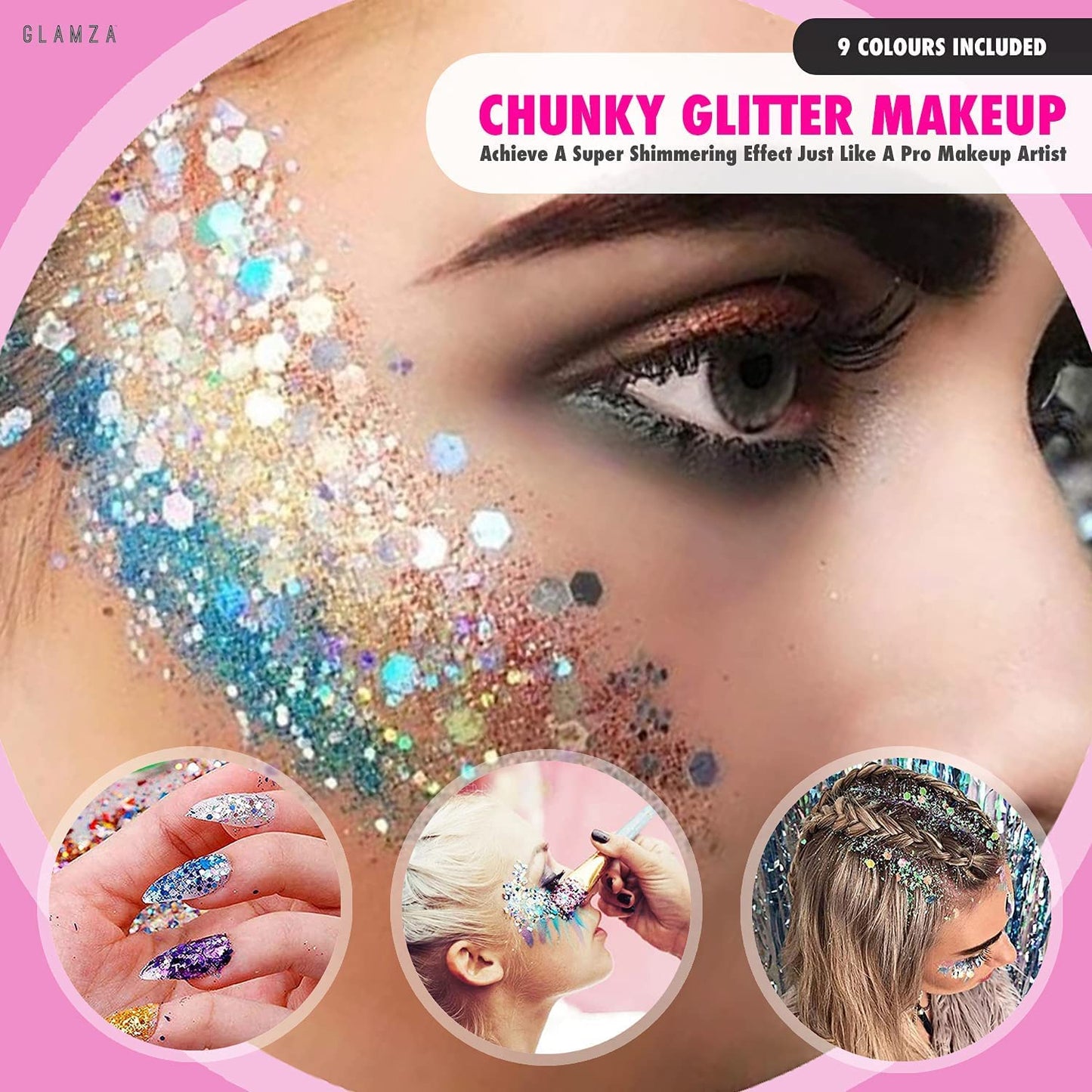Glamza Festival Face Jewels x6 Sets of Face Gems PLUS x9 Sachets of 10g Glitter Pouches for Face & Body