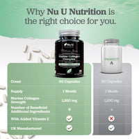 Nu U Nutrition Marine Collagen with Hyaluronic Acid, Vitamin C - 90 Hydrolysed Capsules (not Tablets) - Premium High Strength Collagen Supplements for Women & Men - Type 1 Marine Collagen - for Hair Nails & Skin