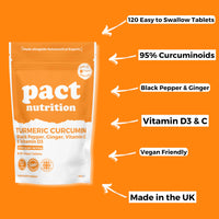 Turmeric Tablets 2000mg with Black Pepper, Ginger, Curcumin (95% Curcuminoids), Vitamin D3 & Vitamin C - Herbal Vegan Supplement - 120 Easy to Swallow Pills - Made in The UK - Pact Nutrition