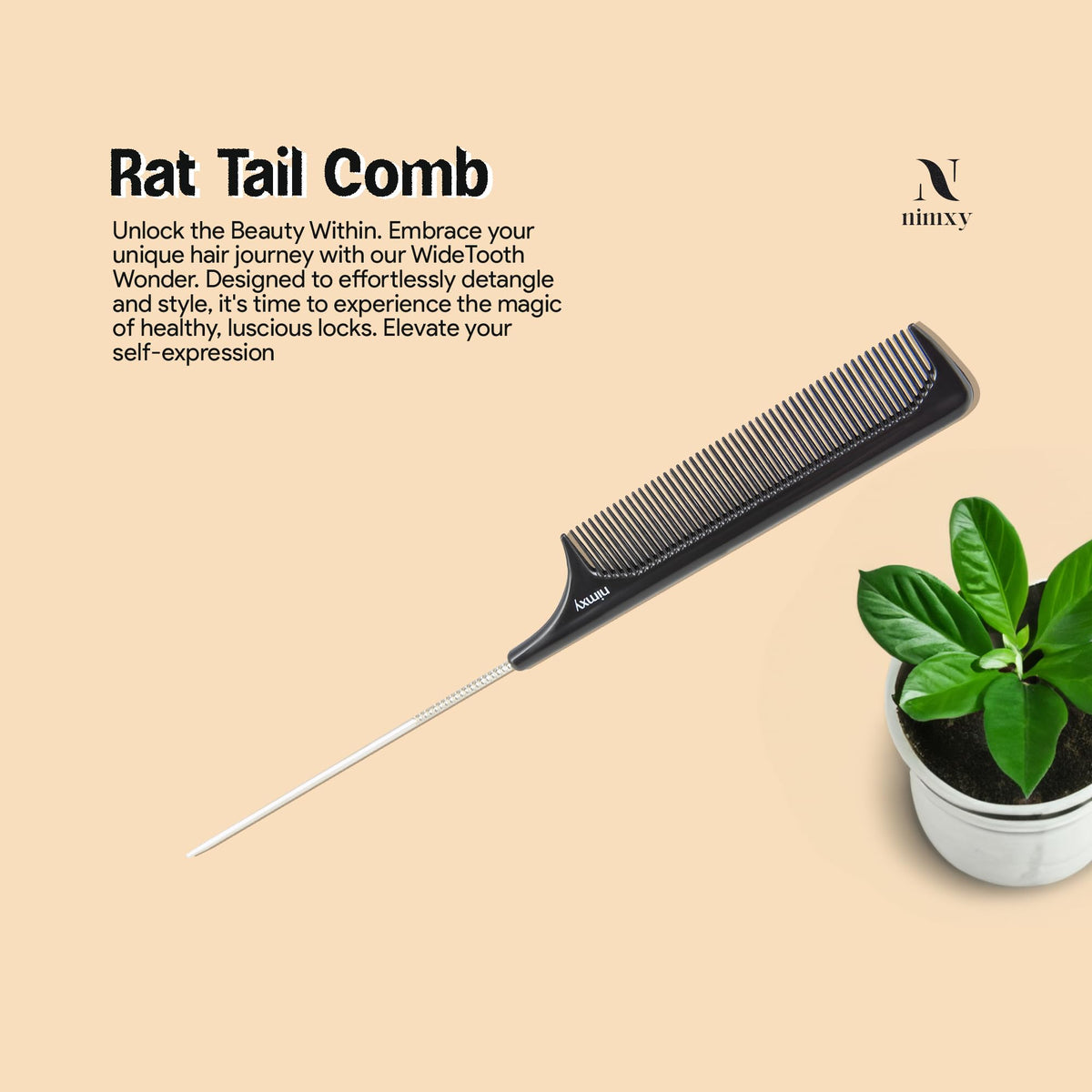 N Nimxy Nimxy Black Pin Tail Comb 1 Pc - Parting Rat Tail Hair for Hairdressing barber salon men women - Fine Tooth Comb with Stainless Steel