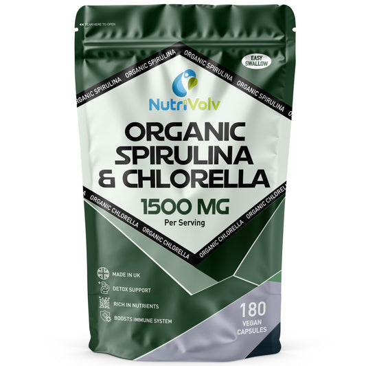 Spirulina & Chlorella | 3 Months Supply | 180 Capsules | 1500mg Per Serving | Pure - No Additives | Vegan & Non-GMO | Broken Cell Wall | by NutriVolv