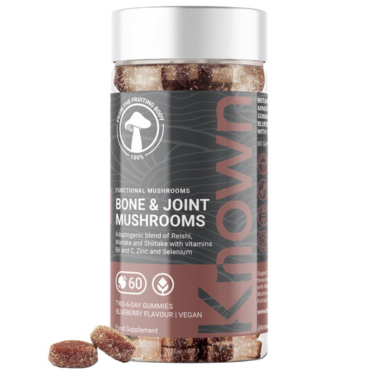 Known Bone & Joint Support Mushrooms Gummies with Maitake, Chaga, Vitamin D3 & K2 | Delicious Natural Blueberry Flavour | 60 Two-a-Day Vegan Gummies (One Month’s Supply)