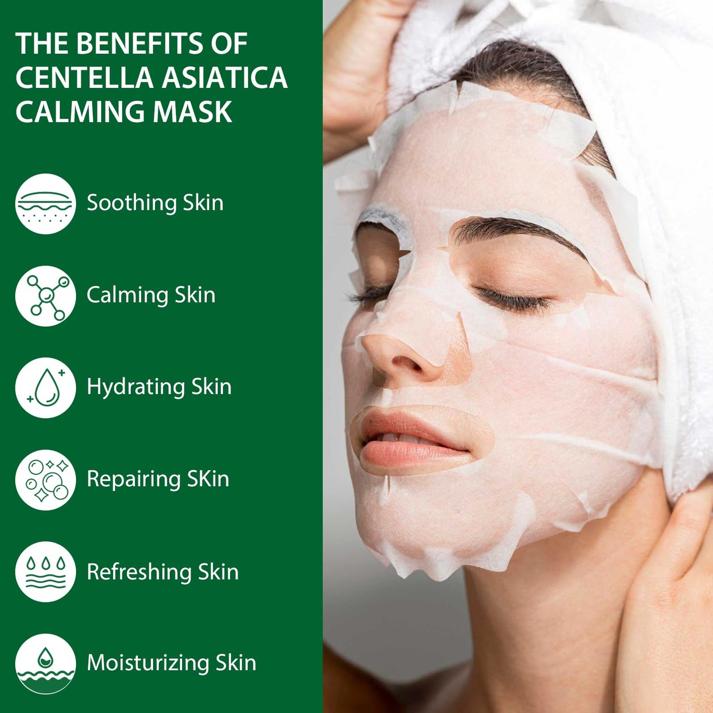 IREV Pack of 10 Centella Asiatica Calming Mask, Soothing Facial Masks with Aloe for Sensitive Skin, Daily Care Mositurizing Face Masks Skincare, Hyaluronic Acid Hydrating Sheet Face Mask Beauty Care