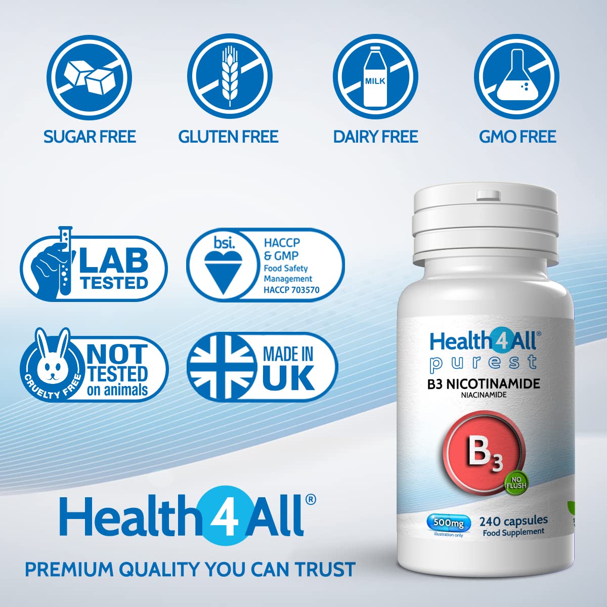 Health4All Vitamin B3 Niacin as Nicotinamide (Niacinamide) 500mg 240 Capsules (V) Purest, No Additives, Vegan, Gluten Free No-Flush Niacin Capsules