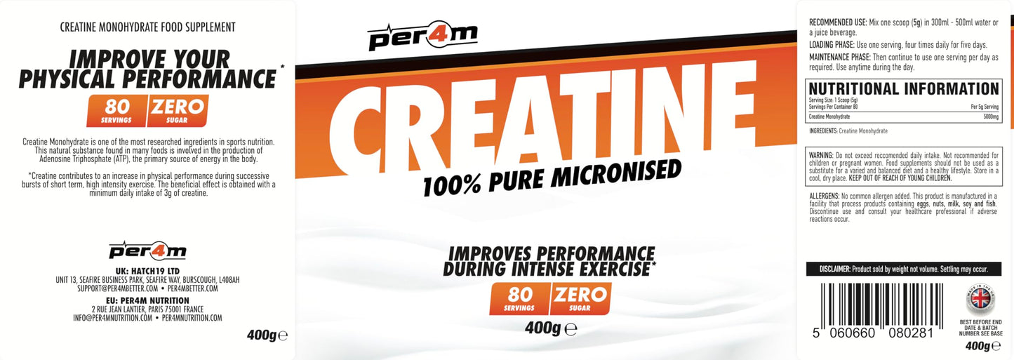 per4m Per4m Creatine Powder | 100% Pure Micronised Creatine Monohydrate | 5000mg of Creatine | 80 Servings (400g, Unflavoured)
