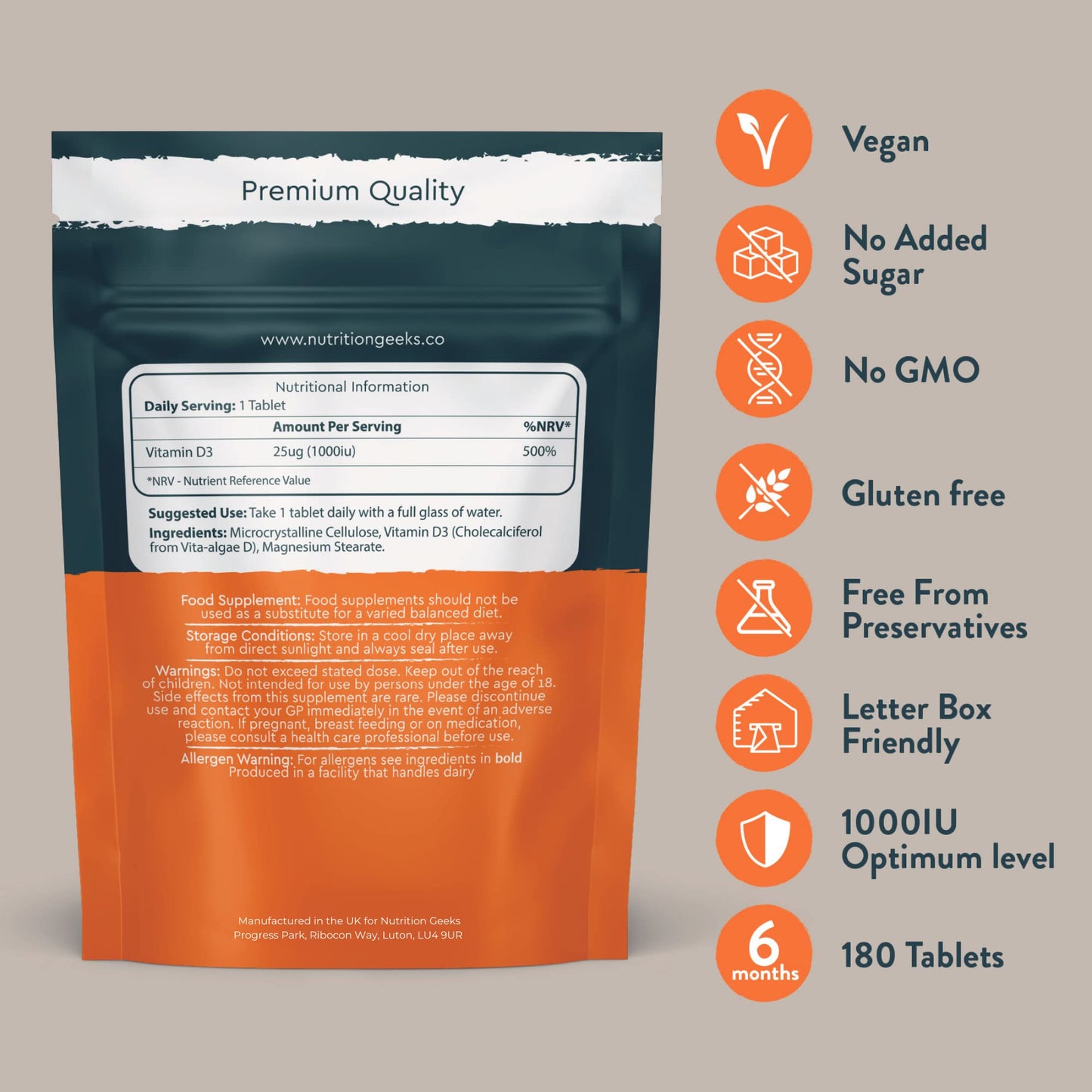 Nutrition Geeks Vegan Vitamin D 1000iu Tablets - 180 Easy-Swallow Plant-Based Algae Vitamin D Tablets, 6 Month Supply - VIT D3 High Strength Immune Support - Highest Grade Certified UK Made Vegan Vitamin D3 1000iu