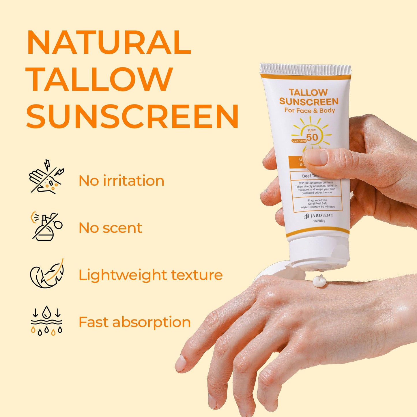 Jardient Beef Tallow Sunscreen SPF 50 with Mineral : Instant Sun Protection-Non Nano Zinc Oxide Sunblock-Beach Jogging Outdoor Sports - 3 Fl oz, 85g