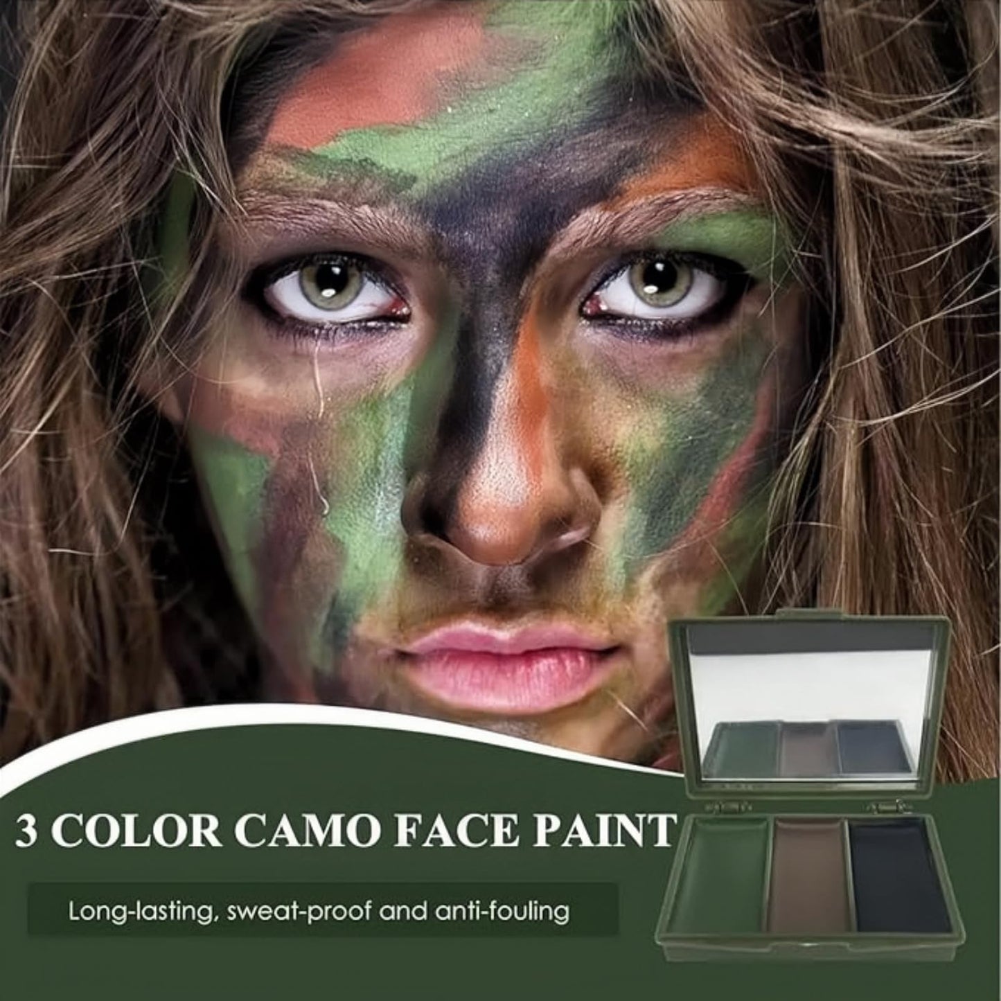 Fankayi 3 Color Camo Face Paint,Army Face Paint,Long Lasting Paint,Face Paint Palette,Waterproof Face Paint,Camouflage Makeup for Face,Suitable for Military Training & Outdoor Survival (Black/Brown/Green)