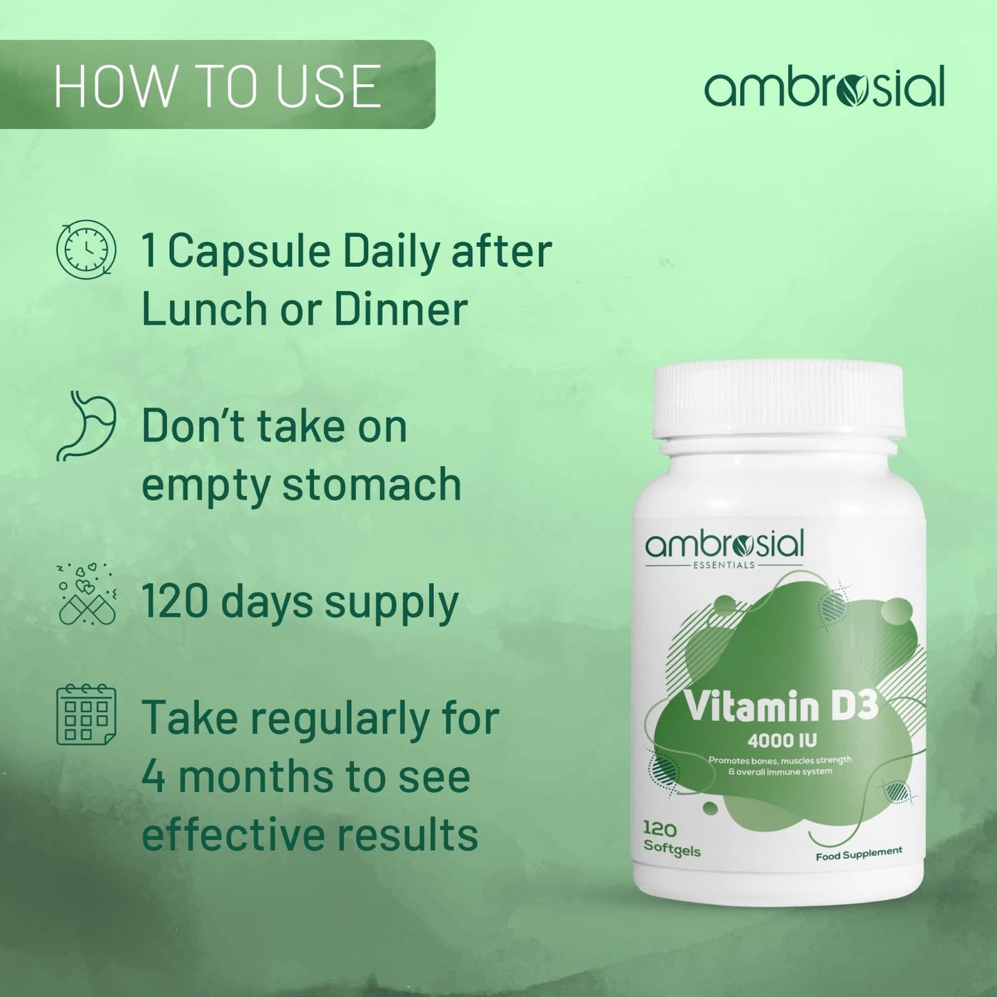 AMBROSIAL Ambrosial Vitamin D3 4000 IU (100 mcg) |Vitamin D Tablets for Healthy Bones and Teeth | Vitamin D 4000iu Supports Immunity and Muscle Function | Gluten Free (Pack of 1_120 Softgels)